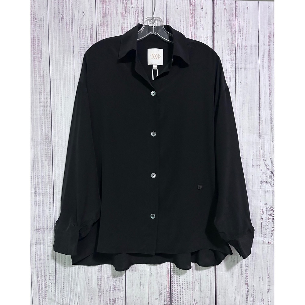 TWP Midnight Satin Sheets Blouse Black 100% Silk Oversized Button Down XS/S